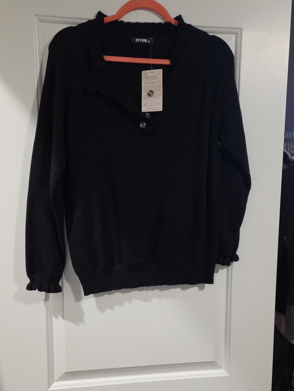Ruffle V-Neck Black Women's Sweater